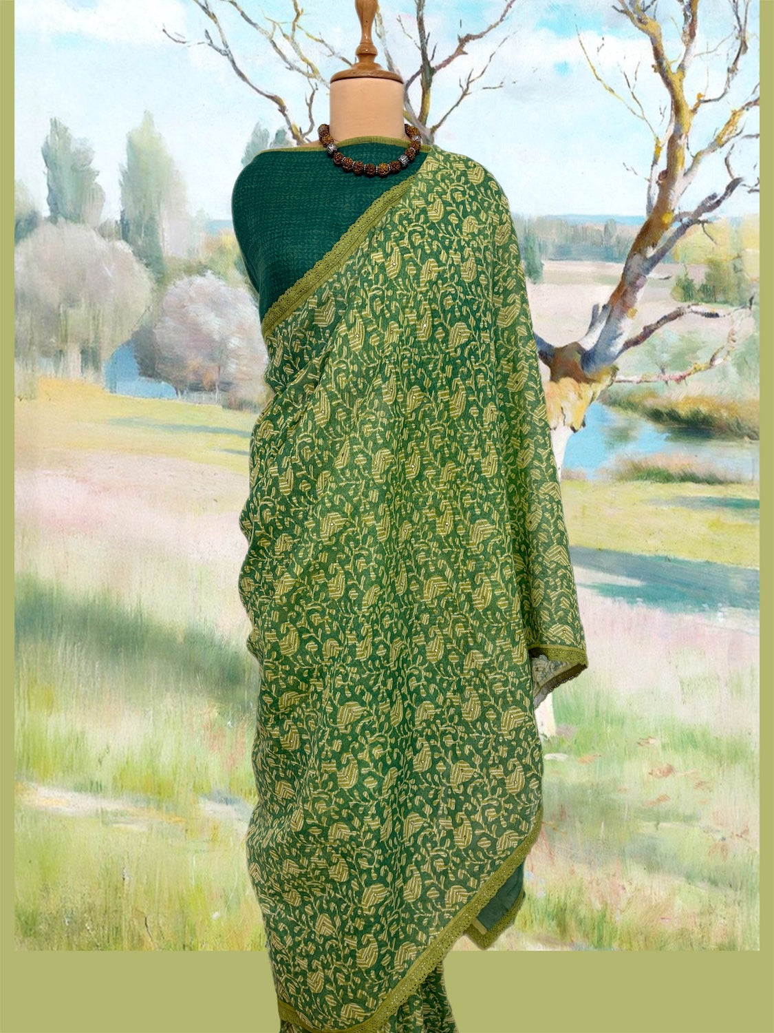 Zinnia Green Printed Linen Saree