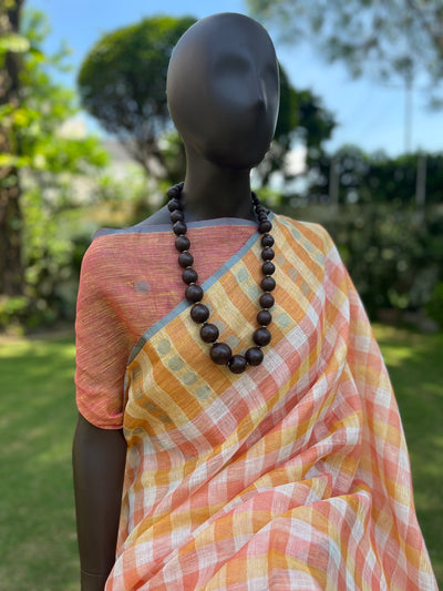 Pina Colada Peach Checks Linen Saree