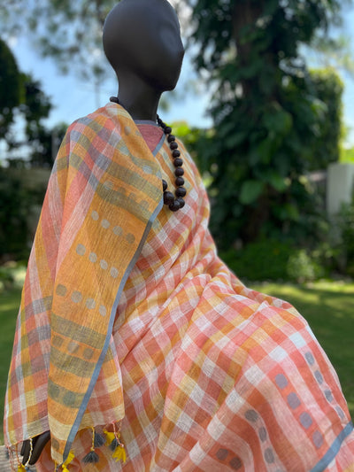 Pina Colada Peach Checks Linen Saree