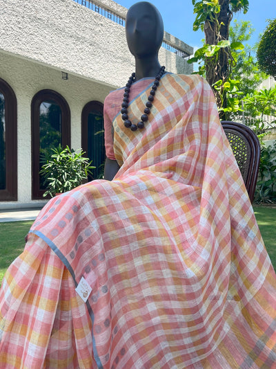 Pina Colada Peach Checks Linen Saree