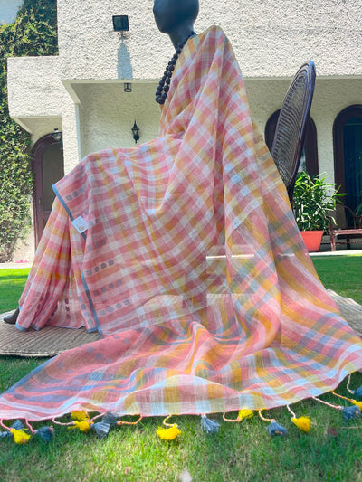 Pina Colada Peach Checks Linen Saree
