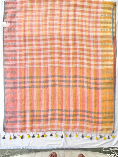 Pina Colada Peach Checks Linen Saree