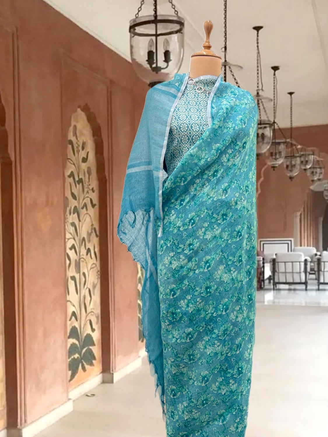 Iris Blue Printed Linen Saree