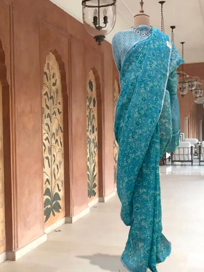 Iris Blue Printed Linen Saree