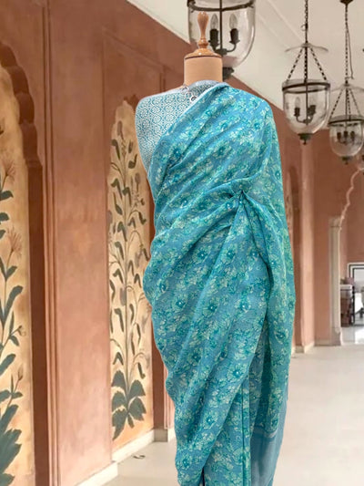 Iris Blue Printed Linen Saree