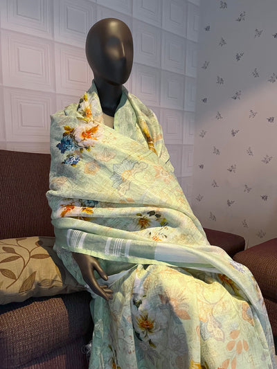 Primrose Green Printed Linen Saree