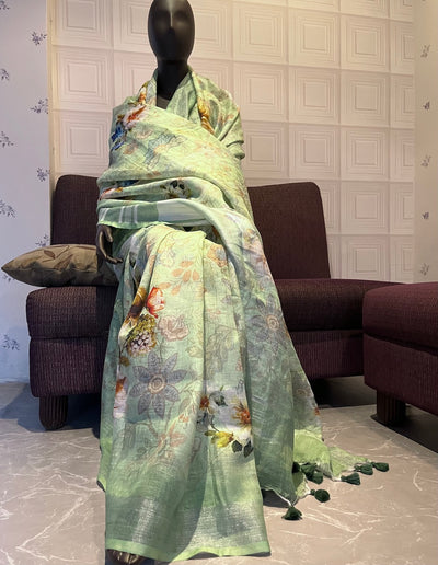 Primrose Green Printed Linen Saree