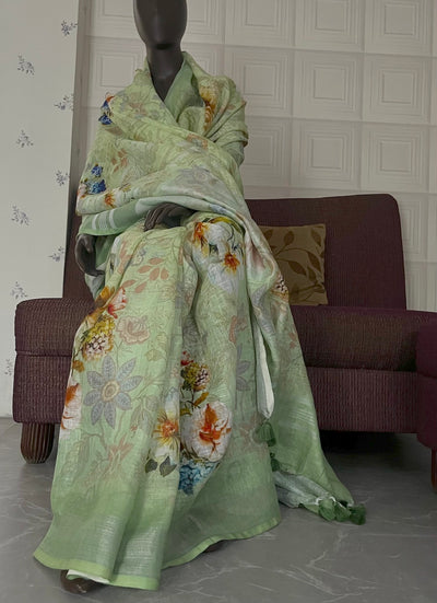 Primrose Green Printed Linen Saree