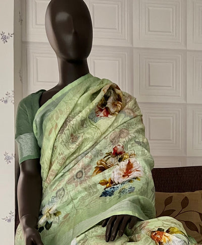 Primrose Green Printed Linen Saree