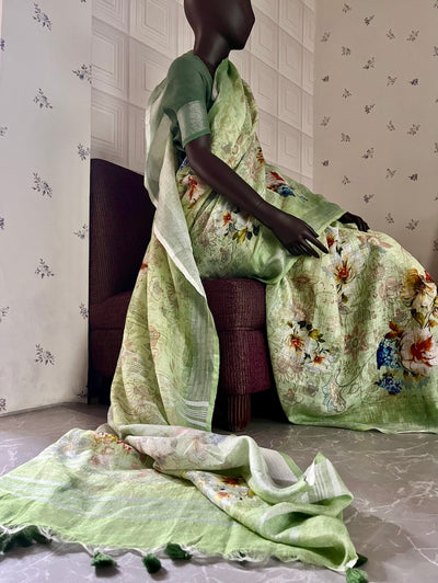 Primrose Green Printed Linen Saree