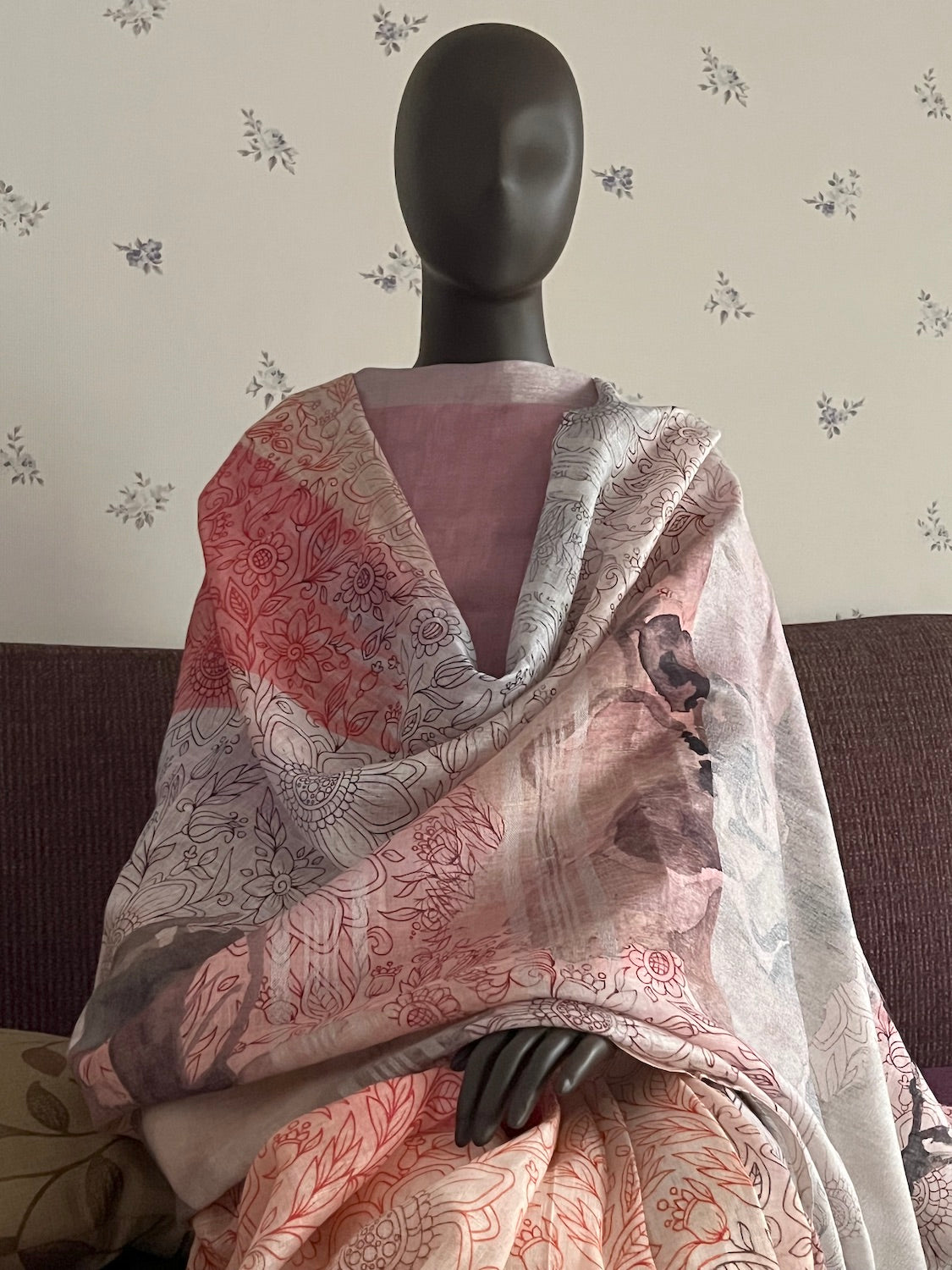 Valley of Flowers Peach Printed Linen Saree
