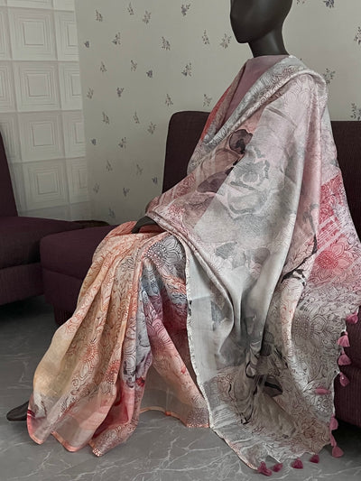 Valley of Flowers Peach Printed Linen Saree
