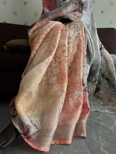 Valley of Flowers Peach Printed Linen Saree