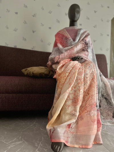 Valley of Flowers Peach Printed Linen Saree
