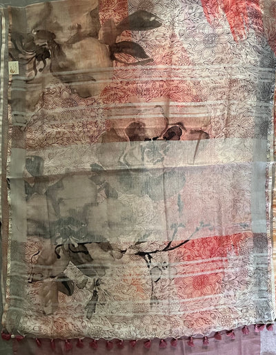 Valley of Flowers Peach Printed Linen Saree