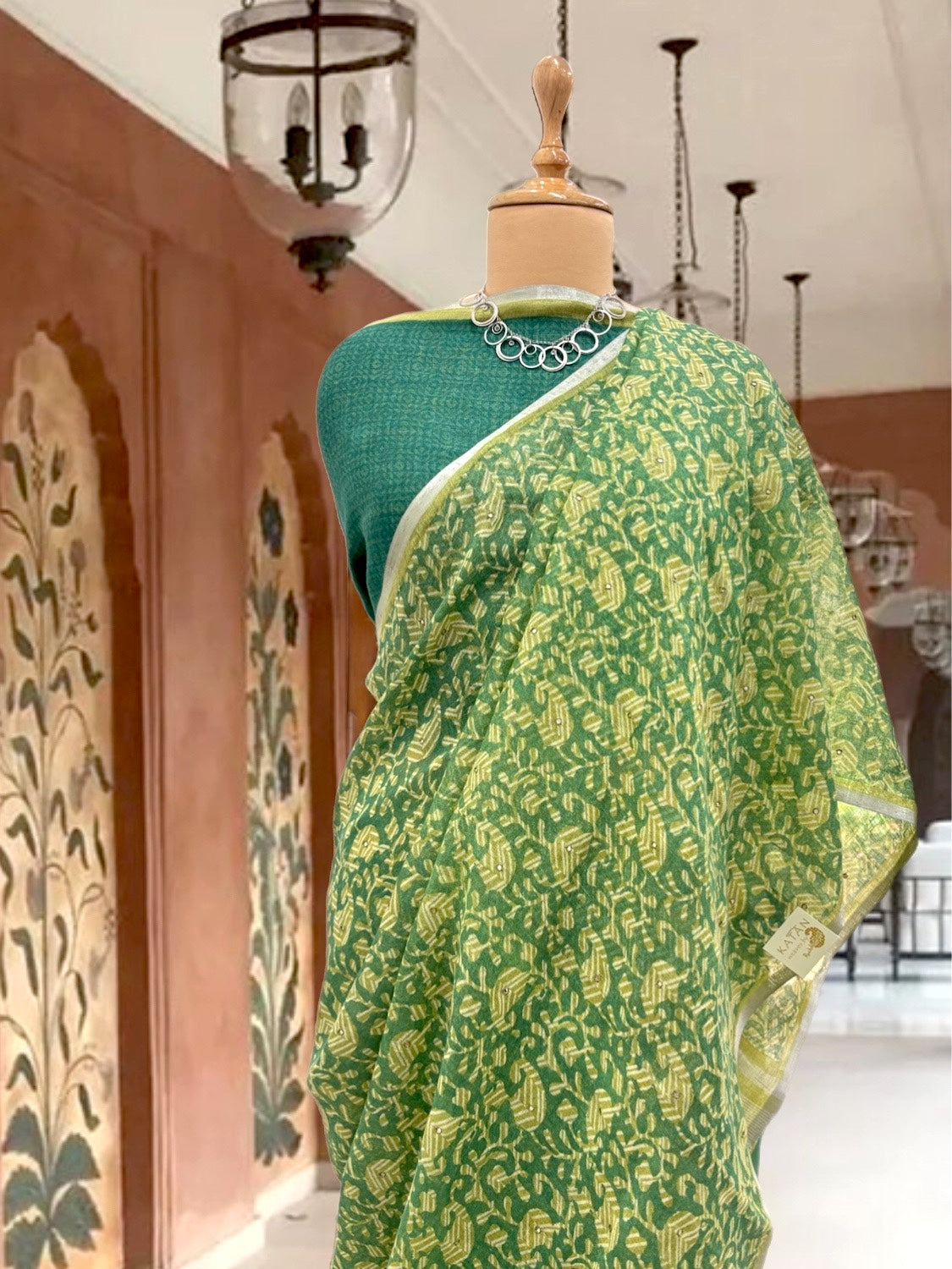 Zinnia Green Printed Linen Saree