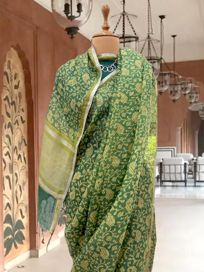 Zinnia Green Printed Linen Saree