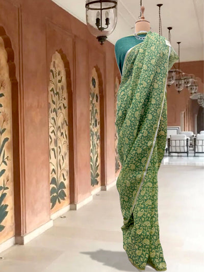 Zinnia Green Printed Linen Saree