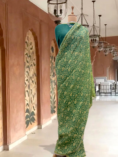 Zinnia Green Printed Linen Saree