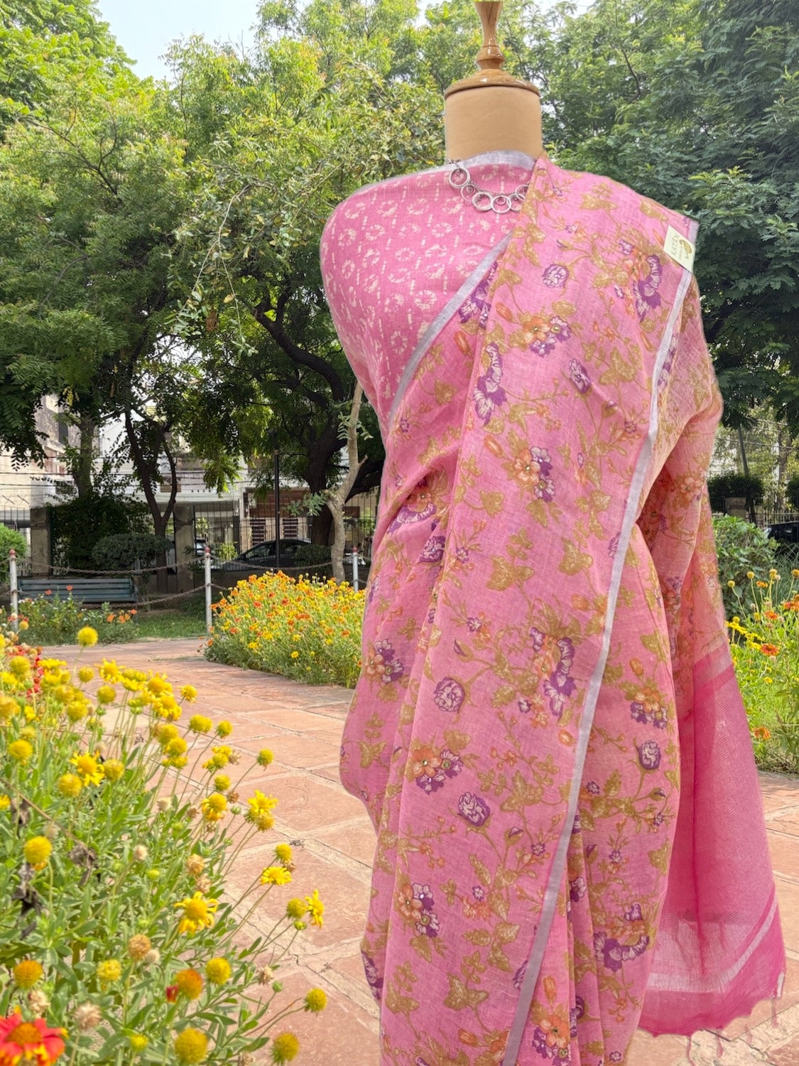 Primrose Pink Printed Linen Saree