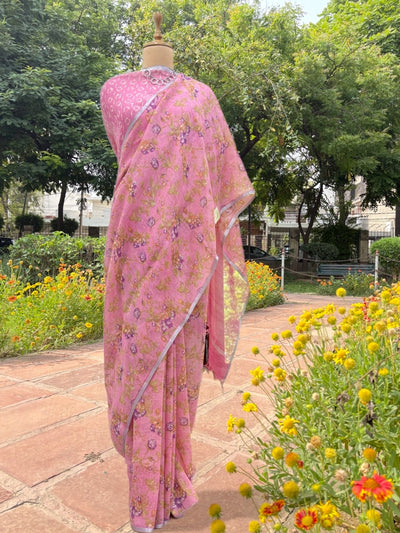 Primrose Pink Printed Linen Saree