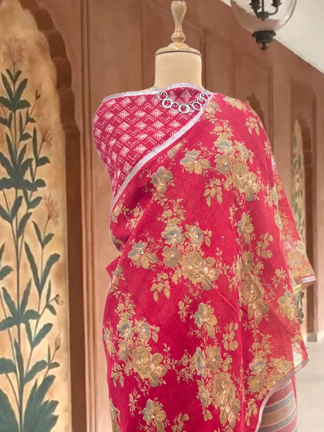 Hibiscus Red Printed Linen Saree