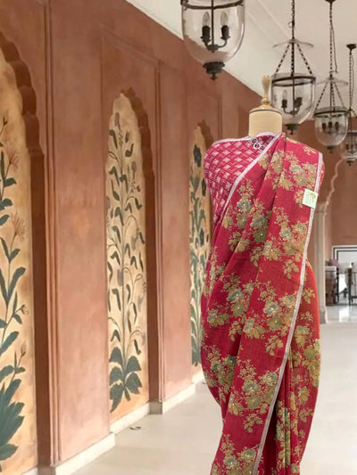 Hibiscus Red Printed Linen Saree