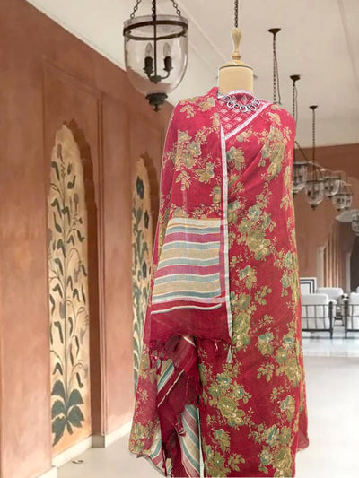 Hibiscus Red Printed Linen Saree