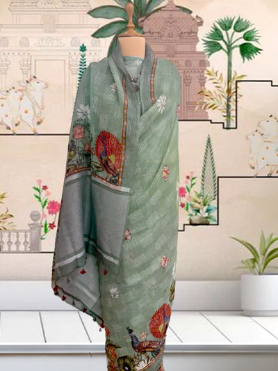 Megh Malhar Sea Green Linen Sari