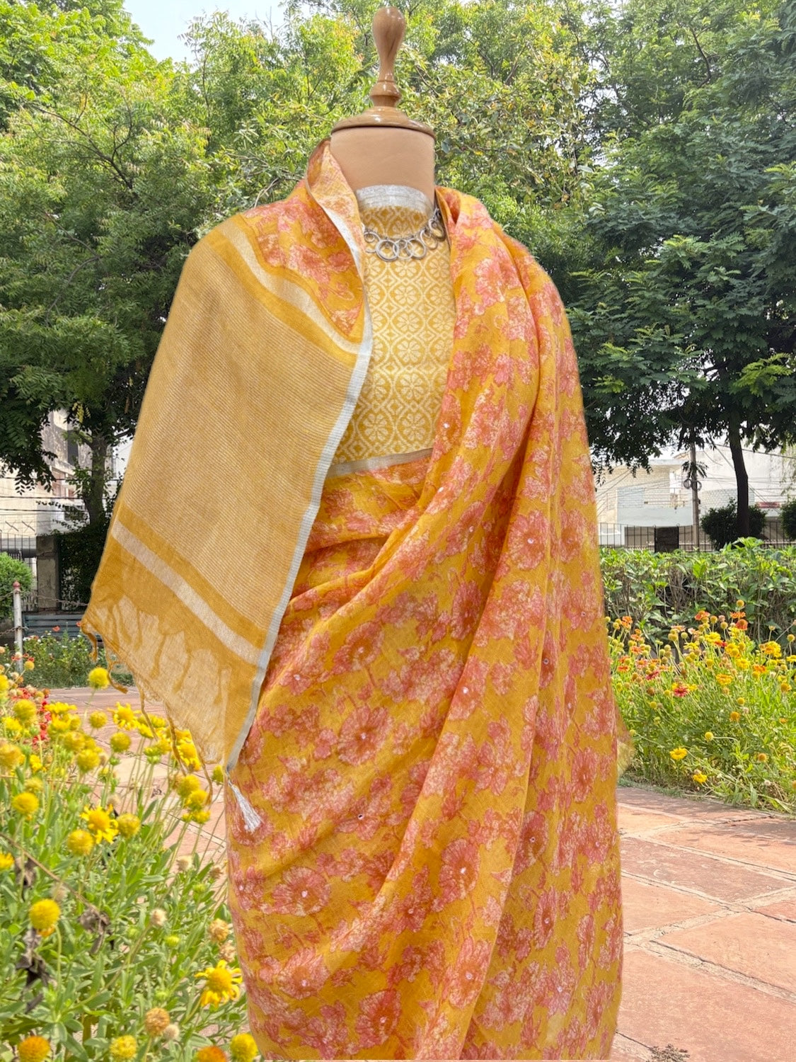 Daffodil Yellow Printed Linen Saree