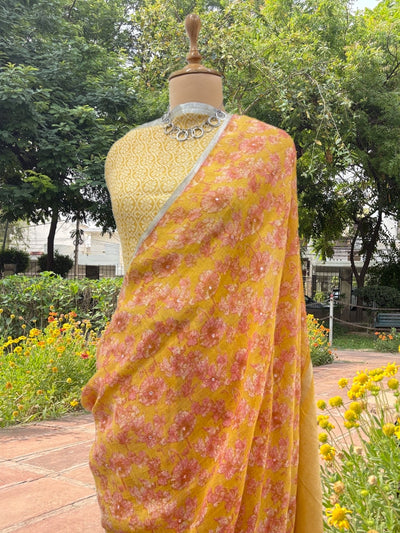 Daffodil Yellow Printed Linen Saree