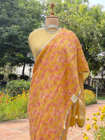 Daffodil Yellow Printed Linen Saree