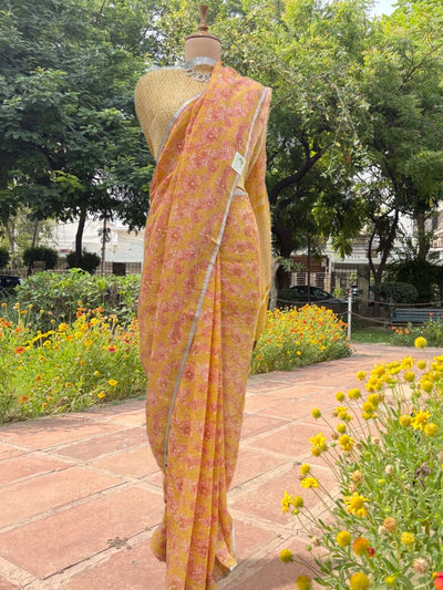Daffodil Yellow Printed Linen Saree