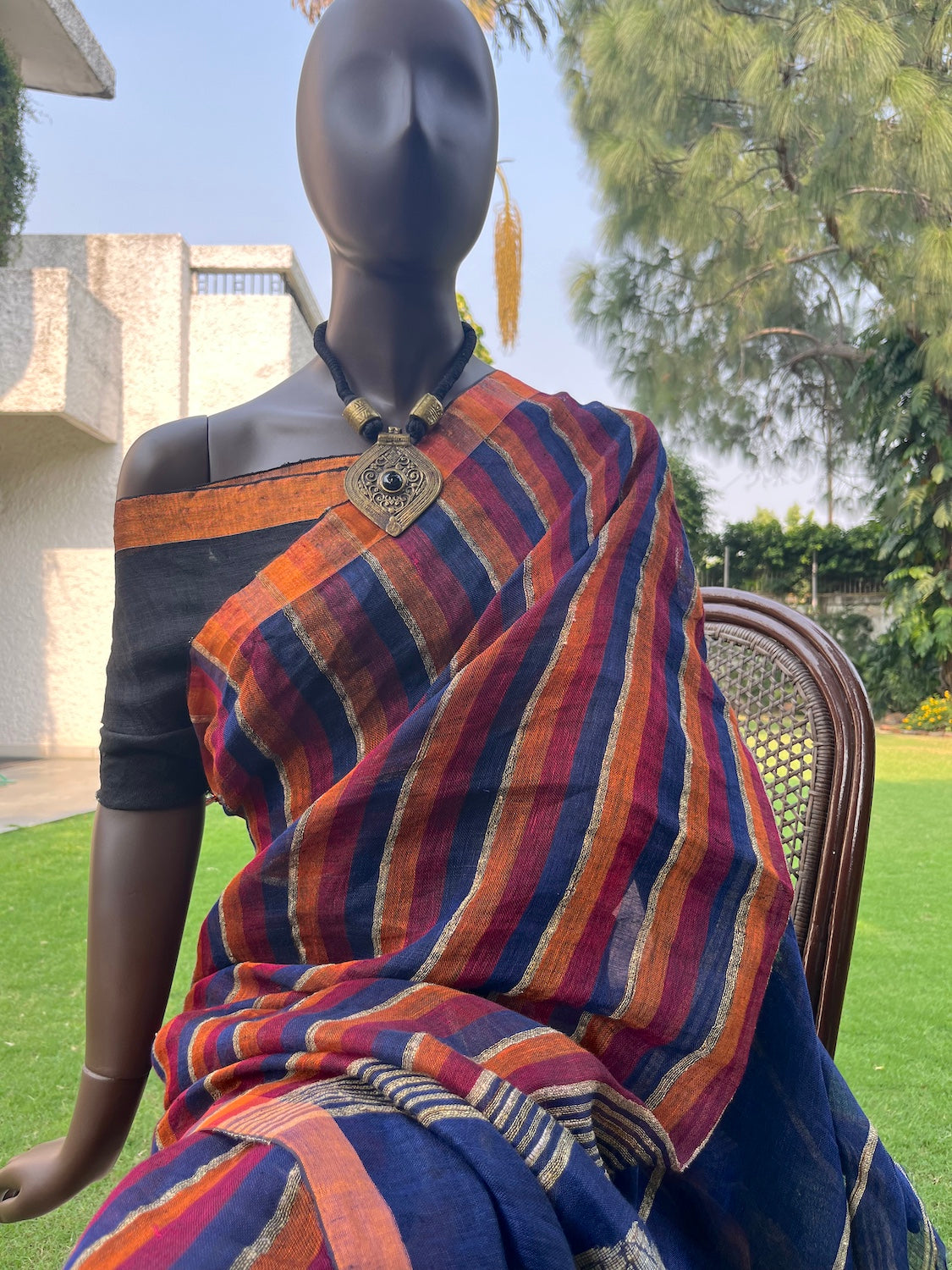 Candolim Blue Stripe Linen Saree