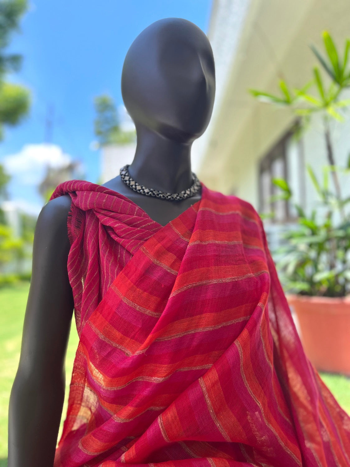 Colorado Red & Pink Stripe Linen Saree