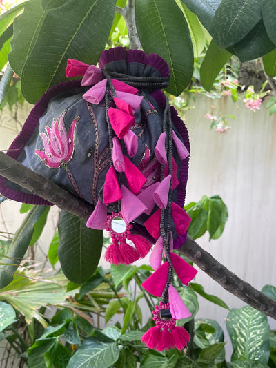 Magical Garden Grey & Magenta Cotton Potli