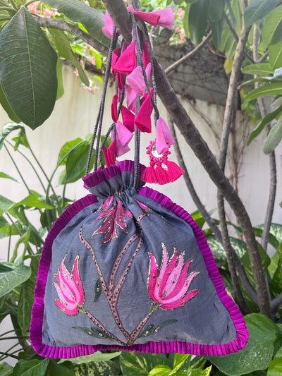 Magical Garden Grey & Magenta Cotton Potli