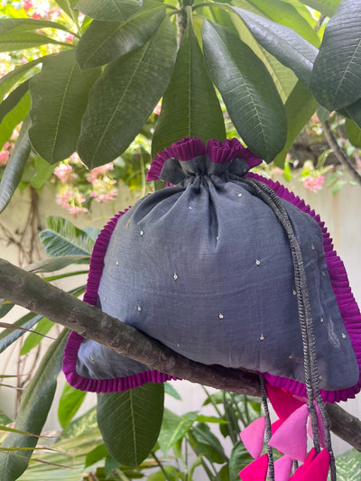 Magical Garden Grey & Magenta Cotton Potli