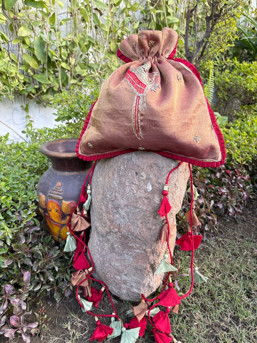 Talking Bird Maroon Tissue Potli