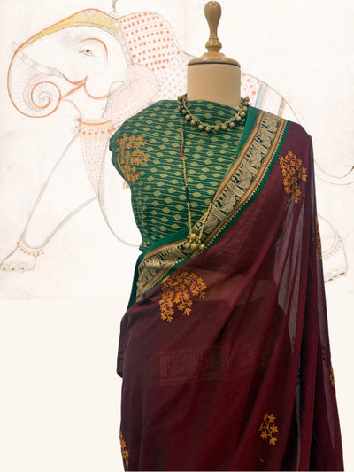 Coorg Maroon Embroidered Cotton Saree