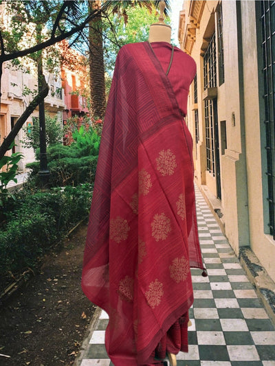 Omaja Maroon Moonga Cotton Saree