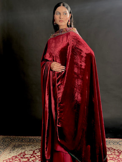Sindhu Maroon Velvet Jamawar Dupatta