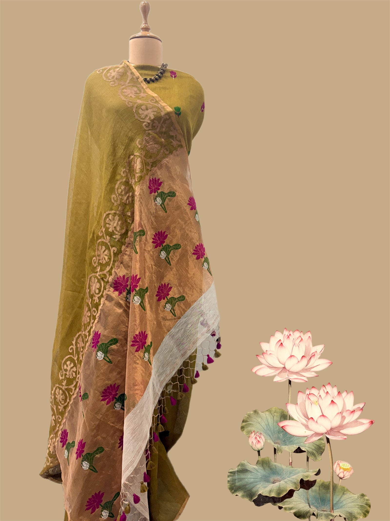Mehendi Green Appliqué Linen Saree