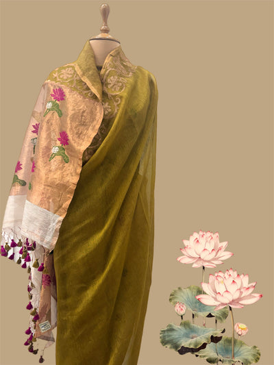 Mehendi Green Applique Linen Saree