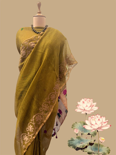 Mehendi Green Applique Linen Saree