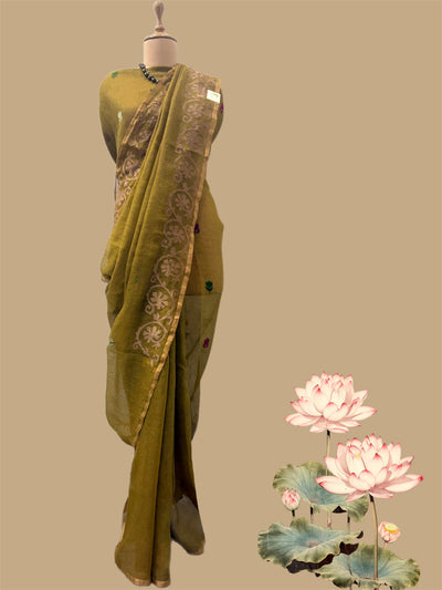 Mehendi Green Applique Linen Saree