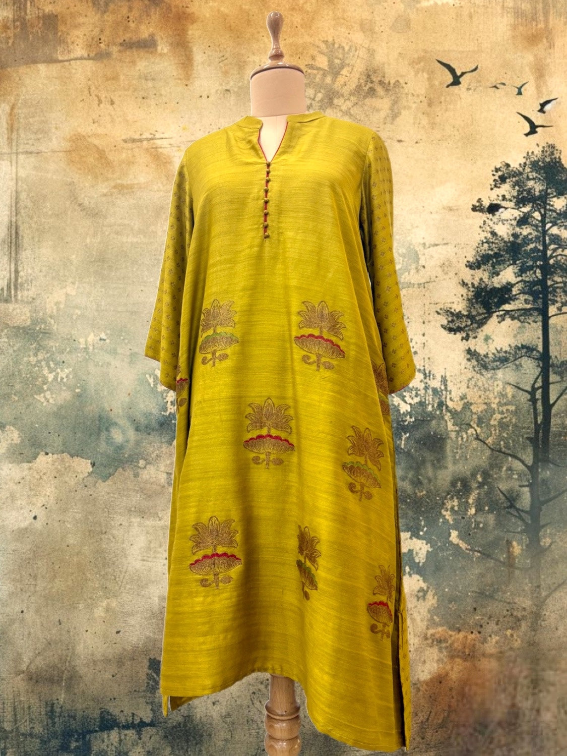 Mehendi Yellow Long Kurta