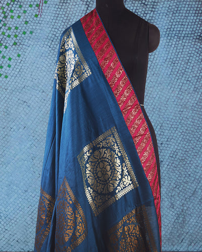 Mandapa Teal Blue Embroidered Matka Georgette Saree
