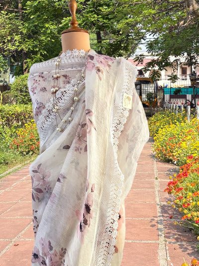 Valley of Flowers White Printed Linen Saree