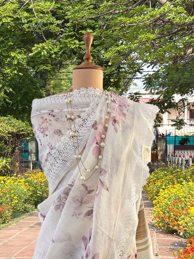 Valley of Flowers White Printed Linen Saree